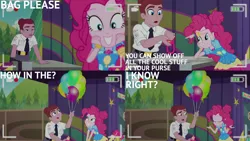 Size: 1280x720 | Tagged: safe, derpibooru import, edit, edited screencap, editor:quoterific, screencap, mulberry barricade, pinkie pie, equestria girls, equestria girls series, five lines you need to stand in, spoiler:eqg series (season 2), bag, balloon, camera shot, clothes, cutie mark, cutie mark on clothes, eyes closed, geode of sugar bombs, image, jpeg, looking at you, magical geodes, music festival outfit, smiling