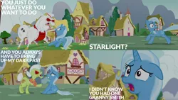 Size: 1280x720 | Tagged: safe, derpibooru import, edit, edited screencap, editor:quoterific, screencap, bulk biceps, granny smith, trixie, earth pony, pegasus, pony, unicorn, all bottled up, angry, female, image, jpeg, male, mare, open mouth, red eyes, stallion