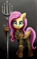 Size: 1600x2560 | Tagged: safe, artist:raphaeldavid, derpibooru import, fluttershy, pegasus, pony, adventurer, aquaman, badass, crossover, dc comics, dc extended universe, female, flutterbadass, folded wings, full face view, hoof hold, image, looking at you, mare, png, quindent, raised hoof, serious, solo, standing, superhero, superhero costume, trident, wings, zack snyder's justice league