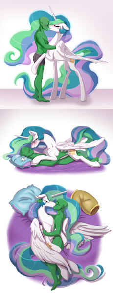 Size: 1920x4978 | Tagged: questionable, artist:rabidpepper, derpibooru import, princess celestia, oc, oc:anon, alicorn, human, pony, barefoot, blushing, canon x oc, cute, cute porn, eye contact, feet, female, human male, human on pony action, human on pony snuggling, i love you, image, interspecies, kissing, looking at each other, love, lying down, lying on top of someone, male, missing accessory, nudity, pillow, png, romantic, sharing breath, snuggling, straight