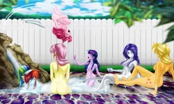 Size: 3500x2104 | Tagged: suggestive, alternate version, artist:mauroz, derpibooru import, applejack, fluttershy, pinkie pie, rainbow dash, rarity, twilight sparkle, human, alternate hairstyle, alternative cutie mark placement, ass, barefoot, blushing, breasts, butt, cutie mark on human, divebomb, diving, eyes closed, feet, female, females only, fence, flutterbutt, godiva hair, humanized, image, mane six, nudity, open mouth, png, pony coloring, rock, shoulder cutie mark, sideboob, strategically covered, swimming pool, tree, water