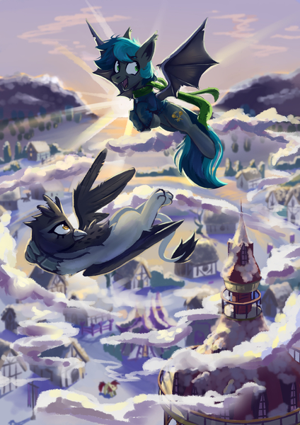 Size: 2894x4093 | Tagged: safe, artist:amy-gamy, derpibooru import, giselle, irma, roseluck, oc, oc:spark gap, bat pony, earth pony, gryphon, fanfic:fine print, bat pony oc, bat wings, clothes, flying, flying lesson, image, jpeg, ponyville, scarf, snow, sweater, wings