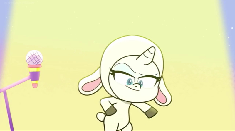 Size: 2048x1148 | Tagged: safe, derpibooru import, rarity, sheep, sheep pony, my little pony: pony life, spoiler:pony life season 2, bipedal, close encounters of the balloon kind, image, jpeg, microphone, rarisheep, sheep costume, stage light, telling a bad joke