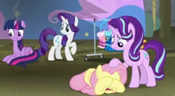 Size: 688x376 | Tagged: safe, derpibooru import, screencap, fluttershy, rarity, starlight glimmer, twilight sparkle, twilight sparkle (alicorn), alicorn, pegasus, pony, unicorn, horse play, clothes, cute, daaaaaaaaaaaw, female, image, mare, open mouth, png, sad, scared