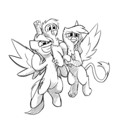 Size: 1280x1280 | Tagged: safe, artist:captainhoers, derpibooru import, gilda, rainbow dash, oc, oc:gren, hippogriff, pegasus, pony, black and white, family, female, flying, gildash, grayscale, image, interspecies offspring, lesbian, magical lesbian spawn, male, mare, monochrome, offspring, parent:gilda, parent:rainbow dash, parents:gildash, png, shipping, simple background, sketch, smiling, white background