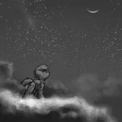 Size: 1280x1280 | Tagged: safe, artist:captainhoers, derpibooru import, oc, oc:concorde, unofficial characters only, pegasus, pony, black and white, cloud, crescent moon, female, grayscale, image, looking up, mare, monochrome, moon, night, night sky, offspring, on a cloud, parent:soarin', parent:spitfire, parents:soarinfire, png, sky, solo, standing on a cloud, stars