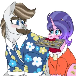 Size: 3000x3000 | Tagged: safe, artist:gingygin, derpibooru import, cookie crumbles, hondo flanks, pony, unicorn, baking sheet, blushing, clothes, cookie, cookieflanks, female, food, hawaiian shirt, husband and wife, image, male, mare, mouth hold, png, shipping, shirt, simple background, stallion, straight, white background