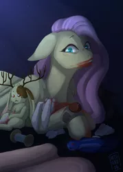 Size: 1280x1789 | Tagged: grimdark, artist:kathana-da, derpibooru import, fluttershy, jackalope, pegasus, pony, rabbit, animal, blood, female, floppy ears, image, jpeg, looking at you, mare, mouth hold, pincushion, sewing, sewing needle, solo, taxidermy, thread