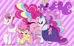 Size: 1440x900 | Tagged: safe, artist:rubyg242, derpibooru import, li'l cheese, pinkie pie, pipp petals, rarity, screwball, sweetie belle, pony, the last problem, baby, baby pony, female, g5, image, lesbian, older, png, raripie, shipping