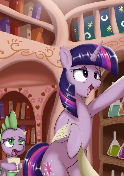 Size: 1024x1449 | Tagged: safe, artist:neoshrek, derpibooru import, spike, twilight sparkle, dragon, unicorn, ahegao, golden oaks library, image, jpeg, library, open mouth, tongue out