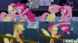 Size: 1280x720 | Tagged: safe, derpibooru import, edit, edited screencap, editor:quoterific, screencap, applejack, fluttershy, pinkie pie, earth pony, pegasus, pony, party pooped, applejack's hat, cartoon physics, cowboy hat, dialogue, female, hat, image, mare, pinkie being pinkie, pinkie physics, png, trio, twilight's castle