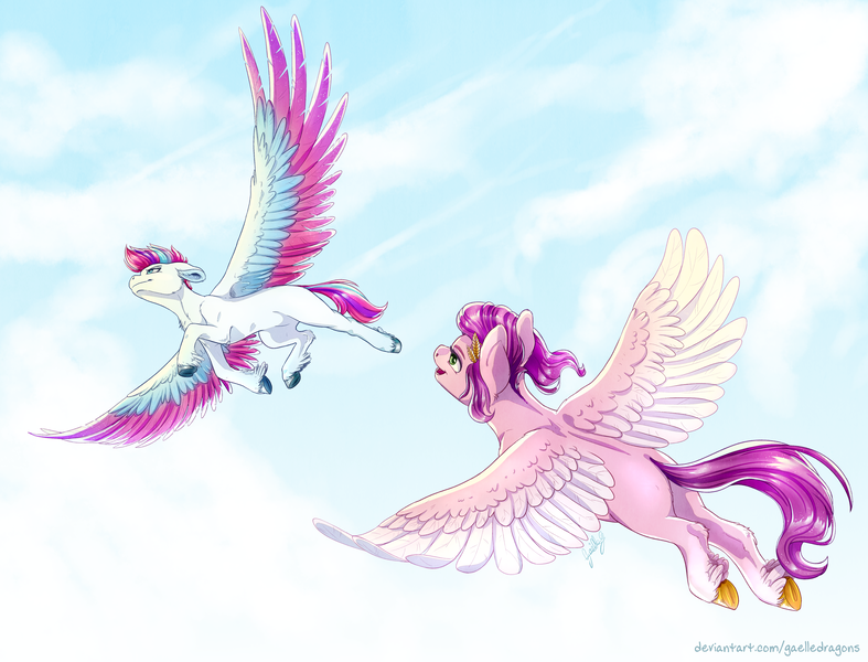 Size: 5000x3813 | Tagged: safe, artist:gaelledragons, derpibooru import, pipp petals, zipp storm, pony, colored wings, flying, g5, image, multicolored wings, png, two toned wings, wings