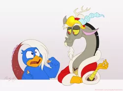 Size: 1280x943 | Tagged: safe, artist:maybehawthorn, derpibooru import, discord, clothing theft, crossover, duo, food, fortune cookie, gradient background, image, jpeg, king dedede, kirby, male