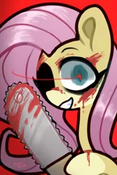 Size: 1440x2162 | Tagged: semi-grimdark, artist:pastelpastryuwu, derpibooru import, fluttershy, pegasus, pony, .mov, shed.mov, blood, chainsaw, glowing eyes, grin, image, looking at you, png, smiling, solo