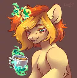 Size: 2151x2160 | Tagged: safe, artist:konejo, derpibooru import, oc, oc:mint tea, unofficial characters only, pony, unicorn, blushing, cup, food, image, jpeg, levitation, lidded eyes, magic, solo, tea, teacup, telekinesis