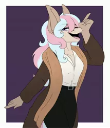 Size: 3282x3828 | Tagged: safe, artist:celestialoddity, derpibooru import, oc, unofficial characters only, anthro, clothes, coat, image, jpeg, lidded eyes, looking at you, one eye closed, pants, shirt, smiling, solo, wink
