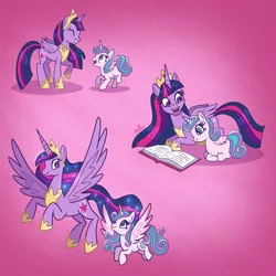 Size: 4096x4096 | Tagged: safe, artist:milliedubois, artist:millieduboisart, banned from derpibooru, deleted from derpibooru, derpibooru import, princess flurry heart, princess twilight 2.0, twilight sparkle, twilight sparkle (alicorn), alicorn, pony, the last problem, aunt and niece, book, crown, cutie mark, duo, ethereal mane, female, females only, filly, flying, full circle, hoof shoes, horn, image, jewelry, jpeg, mare, meta, older, older twilight, peytral, pink background, playing, prone, reading, regalia, simple background, spread wings, starry mane, trotting, twitter, wings