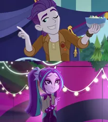 Size: 1280x1440 | Tagged: safe, deleted from derpibooru, derpibooru import, edit, edited screencap, screencap, aria blaze, dirk thistleweed, equestria girls, equestria girls series, find the magic, spoiler:eqg series (season 2), accountibilibuddies: rainbow dash, ariadirk, bowl, crack shipping, female, image, male, neon garden maze, one eye closed, png, shipping, shipping domino, smiling, straight, wink