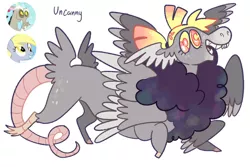 Size: 1280x853 | Tagged: safe, artist:babypaste, derpibooru import, derpy hooves, discord, oc, oc:uncanny, draconequus, butt wings, derpcord, draconequus oc, female, image, interspecies offspring, jpeg, male, multiple wings, offspring, parent:derpy hooves, parent:discord, parents:derpcord, shipping, simple background, straight, white background, wings