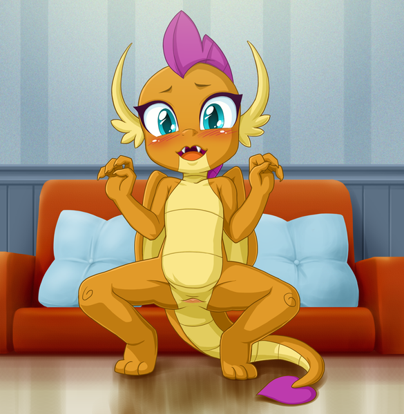 Size: 2894x2970 | Tagged: explicit, artist:uotapo, paywalled source, smolder, dragon, blushing, cloaca, couch, female, foalcon, genital slit, image, patreon, patreon exclusive, png, solo, solo female, squatting, underage