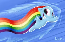 Size: 900x589 | Tagged: safe, artist:ponyshot, banned from derpibooru, rainbow dash, pegasus, pony, female, filly, filly rainbow dash, flying, image, jpeg, rainbow trail, signature, solo, younger