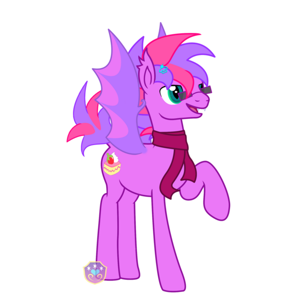 Size: 894x894 | Tagged: safe, artist:lovelypromise, derpibooru import, oc, oc:fruity, unofficial characters only, bat pony, pony, baked goods, bat pony oc, bat wings, cake, clothes, colored, cutie mark, dessert, ear fluff, fangs, femboy, feminine stallion, food, fruitcake, glasses, grin, hairpin, happy, image, male, open mouth, png, pointed ears, raised hoof, scarf, short mane, short tail, slender, slit eyes, slit pupils, smiling, spread wings, stallion, standing, strawberry, tall, whipped cream, wings
