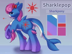 Size: 2048x1535 | Tagged: safe, artist:alphadesu, derpibooru import, original species, shark, shark pony, bow, butt, chest fluff, commission, fins, hair bow, heart, image, jpeg, looking at you, plot, reference sheet, solo, underhoof