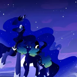 Size: 1080x1079 | Tagged: safe, artist:tessa_key_, derpibooru import, princess luna, oc, alicorn, pony, unicorn, duo, ethereal mane, female, hair over one eye, hoof shoes, horn, image, jewelry, jpeg, looking back, mare, night, peytral, raised hoof, solo, starry mane, stars, story included, tiara, unicorn oc, wings