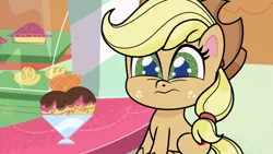 Size: 1920x1080 | Tagged: safe, derpibooru import, screencap, applejack, how applejack got her hat back, my little pony: pony life, spoiler:pony life s01e04, food, ice cream, image, png, solo