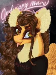 Size: 765x1024 | Tagged: safe, alternate version, artist:maryhoovesfield, derpibooru import, oc, oc:mary, unofficial characters only, pegasus, pony, :p, bust, chest fluff, clothes, ear fluff, ear piercing, earring, eyelashes, female, image, jewelry, jpeg, mare, pegasus oc, piercing, solo, tongue out, wings