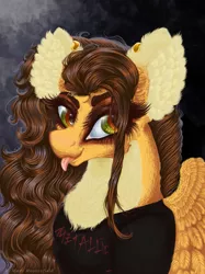 Size: 765x1024 | Tagged: safe, alternate version, artist:maryhoovesfield, derpibooru import, oc, oc:mary, unofficial characters only, pegasus, pony, :p, bust, chest fluff, clothes, ear fluff, ear piercing, earring, eyelashes, female, image, jewelry, jpeg, mare, pegasus oc, piercing, solo, tongue out, wings