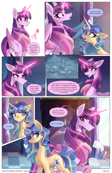 Size: 2301x3549 | Tagged: safe, artist:darlyjay, derpibooru import, twilight sparkle, twilight sparkle (alicorn), oc, oc:sterling sentry, alicorn, pony, unicorn, comic:save the harmony, female, image, magic, mare, png, scroll