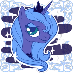 Size: 650x650 | Tagged: safe, artist:ponyshot, banned from derpibooru, princess luna, alicorn, pony, bust, female, horn, image, jewelry, mare, png, regalia, s1 luna, simple background, solo, sparkles, tiara, transparent background