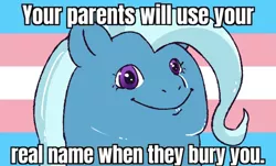 Size: 680x410 | Tagged: safe, trixie, pony, /mlp/, 4chan, big facts, caption, colored, drawthread, faic, fat face, funny, funny as hell, image, image macro, implied suicide, important message, it's funny because is true, meme, missing horn, png, pride, pride flag, solo, text, transformer, transformers faggots in disguise, transgender, transgender pride flag, truth