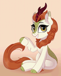 Size: 440x550 | Tagged: safe, artist:szafir87, artist:taneysha, derpibooru import, autumn blaze, kirin, 60 fps, animated, female, gif, image, looking at you, simple background, sitting, smiling, smiling at you, solo, waving