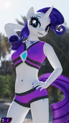 Size: 2160x3840 | Tagged: safe, artist:shadowboltsfm, derpibooru import, rarity, anthro, plantigrade anthro, 3d, 4k, arm behind head, beach shorts swimsuit, beautiful, belly button, blender, breasts, clothes, cute, equestria girls outfit, eyelashes, eyeshadow, geode of shielding, hand on hip, image, jewelry, lens flare, lipstick, looking at you, magical geodes, makeup, nail polish, necklace, not sfm, png, rarity's beach shorts swimsuit, sexy, smiling, solo