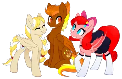 Size: 1852x1200 | Tagged: safe, derpibooru import, oc, oc:maple, oc:molly d, oc:windflyer, bat pony, pegasus, pony, braided ponytail, braided tail, clothes, cute, fangs, female, image, looking at each other, male, mare, png, skirt, socks, stallion, two toned mane, two toned wings, wings