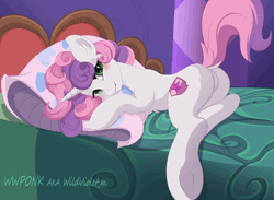 Size: 900x658 | Tagged: suggestive, artist:wildviolet-m, derpibooru import, sweetie belle, pony, unicorn, animated, bed, bedroom, bedroom eyes, blinking, blushing, butt, chest fluff, commission, dock, fanning, featureless crotch, frame by frame, frog (hoof), gif, image, looking at you, older, older sweetie belle, on bed, solo, sweetie butt, tail, tail wag, underhoof