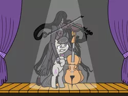 Size: 674x507 | Tagged: safe, artist:cheri, derpibooru import, octavia melody, earth pony, human, pony, a puppet to her fame, cello, controlled, frightened, identity v, image, messy mane, music, musical instrument, performance, png, request, stage, violin