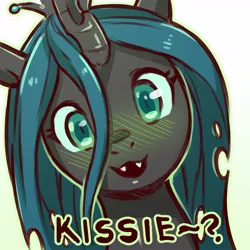 Size: 1159x1159 | Tagged: safe, artist:cold-blooded-twilight, derpibooru import, queen chrysalis, changeling, blushing, bronybait, cute, cutealis, dialogue, female, green blush, image, jpeg, looking at you, simple background, solo, solo female, talking to viewer, white background