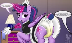 Size: 2376x1440 | Tagged: suggestive, artist:mrchaosthecunningwlf, artist:ponyvillechaos577, derpibooru import, twilight sparkle, twilight sparkle (alicorn), oc, oc:frost cloud, alicorn, pony, bathroom denial, begging, bow, butt, canon x oc, cleaning, clothes, consensual, dialogue, diaper, diaper fetish, duster, female, female focus, feral, fetish, hair bun, image, levitation, magic, magic aura, maid, male, mare, offscreen character, offscreen male, pissing, pleading, plot, png, ponytail, roleplaying, skirt, solo, solo female, solo focus, speech, speech bubble, tail bow, talking, telekinesis, text, upskirt, urine, watersports, wet diaper, wetting