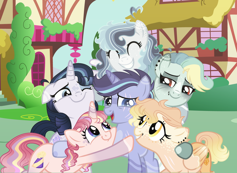 Size: 2661x1949 | Tagged: safe, artist:xxcheerupxxx, derpibooru import, oc, oc:aqua lagoon, oc:elastic heart, oc:mirabella, oc:moon hour, oc:silent heaven, oc:vanilla muffin, unofficial characters only, earth pony, pegasus, pony, unicorn, female, group hug, hug, image, magical lesbian spawn, mare, offspring, parent:applejack, parent:moondancer, parent:pinkie pie, parent:rainbow dash, parent:rarity, parent:starlight glimmer, parent:trixie, parent:twilight sparkle, parents:appledash, parents:derpyshy, parents:pinkiedancer, parents:rarilight, parents:startrix, parents:twidash, png