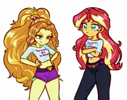 Size: 1920x1505 | Tagged: safe, artist:rileyav, derpibooru import, adagio dazzle, sunset shimmer, adoragio, adorasexy, belly button, blushing, booty shorts, clothes, colored pupils, crossed arms, cute, daisy dukes, eyelashes, frown, hairband, hand on hip, image, jpeg, large voluminous hair, midriff, off shoulder, pants, pouting, sexy, shimmerbetes, shirt, shorts, short shirt, smiling, smug