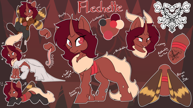 Size: 5228x2944 | Tagged: safe, artist:beardie, derpibooru import, oc, oc:flechette, unofficial characters only, changeling, insect, moth, mothling, original species, antennae, clothes, dress, image, pants, png, red changeling, reference sheet, socks, species swap, tongue out, wedding dress, wings