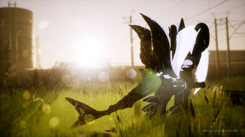 Size: 3840x2160 | Tagged: safe, artist:phoenixtm, derpibooru import, oc, oc:phoenix stardash, alien, cyborg, original species, 3d, ceikraill, fog, grass, image, lens flare, png, spread wings, unreal engine, wings