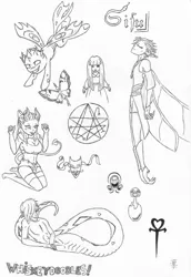 Size: 2028x2956 | Tagged: safe, artist:cindertale, derpibooru import, oc, unofficial characters only, anthro, changeling, lamia, original species, anthro with ponies, changeling oc, clothes, flying, image, jpeg, lineart, monochrome, simple background, sketch, sketch dump, traditional art, white background