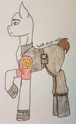 Size: 2049x3330 | Tagged: safe, artist:agdapl, derpibooru import, ponified, earth pony, pony, bald, clothes, crossover, heavy weapons guy, image, jpeg, male, pants, raised hoof, signature, solo, stallion, team fortress 2, traditional art
