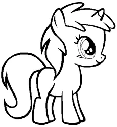 Size: 413x451 | Tagged: safe, artist:kyokinokeaseda, derpibooru import, dinky hooves, pony, unicorn, call of the cutie, black and white, coloring page, female, filly, grayscale, high res, image, lineart, monochrome, png, simple background, smiling, solo, white background