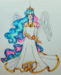 Size: 2679x3279 | Tagged: safe, artist:theartoffallensakura, derpibooru import, princess celestia, human, clothes, dress, horn, horned humanization, humanized, image, jpeg, solo, traditional art, winged humanization, wings