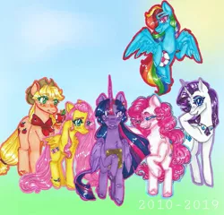 Size: 1125x1080 | Tagged: safe, artist:theartoffallensakura, derpibooru import, applejack, fluttershy, pinkie pie, rainbow dash, rarity, twilight sparkle, twilight sparkle (alicorn), alicorn, earth pony, pegasus, pony, unicorn, apple, book, food, image, jpeg, mane six, soccer ball (object), traditional art